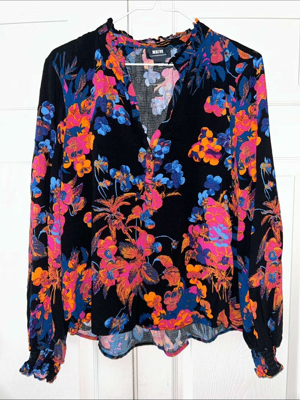 Maeve Black Floral Blouse with Pink, Orange & Blue Blooms